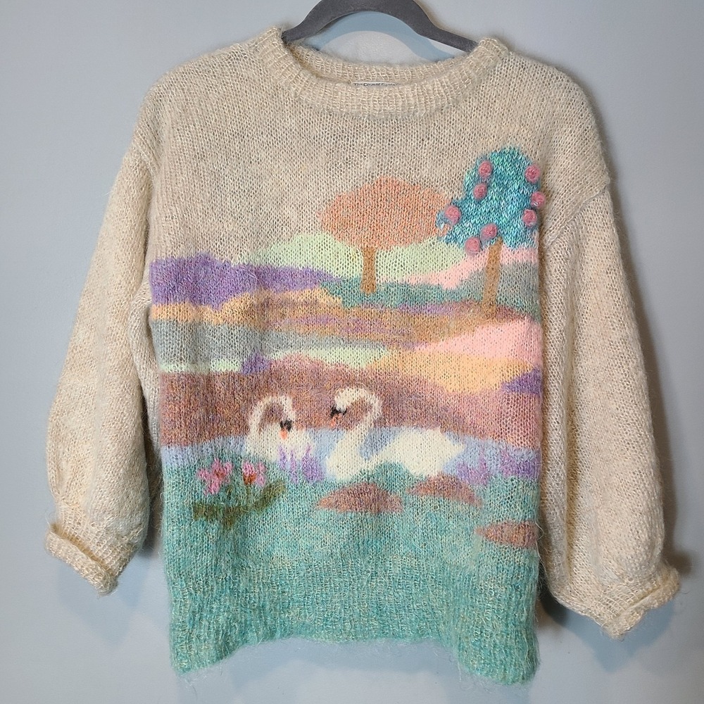 Vintage 1980s Susie Lee Swan Nature Scene Mohair Sweater Women Sz Large Kawaii